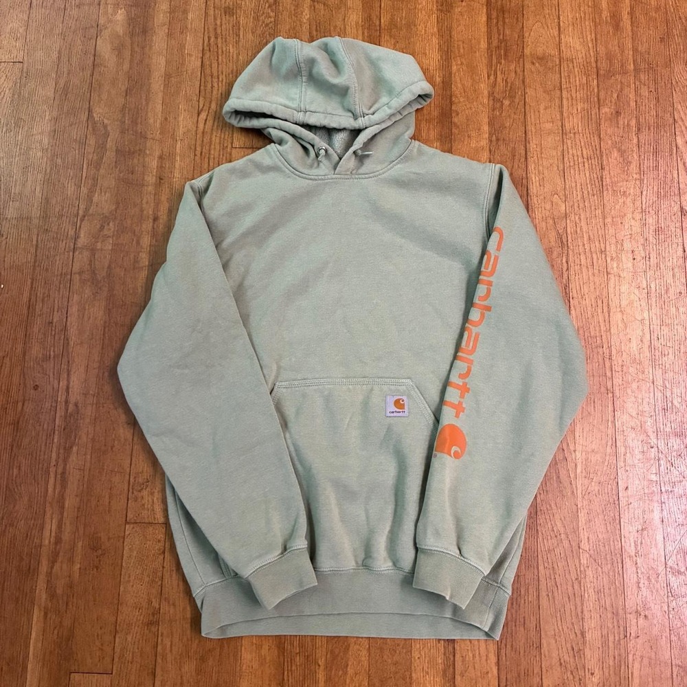 Carhartt Mens Original Fit Green Pullover Hoodie Orange Sleeve Logo Small